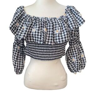 Zara crop top 3/4” sleeves on/off shoulder gingham print embroidered Sz SM NWT